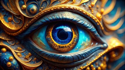 Fototapeta premium Mesmerizing Blue and Gold 3D Eye Sculpture - Long Exposure Photography