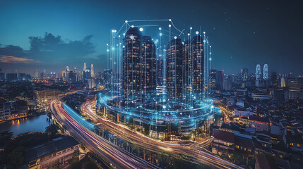 Fototapeta premium Smart digital Innovation city with connection network reciprocity over the cityscape. of future smart wireless digital city and social media networking systems that connects people with in city