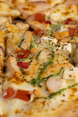 hot pizza with soft dough and cheese with ham and spices