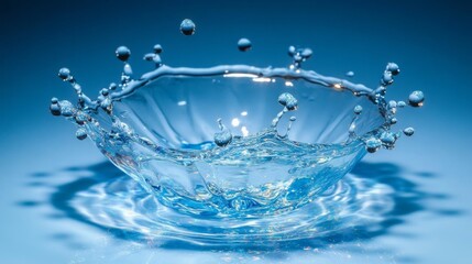 Stunning splash of clear blue water, highlighting moving droplets' vitality and beauty. Great for nature and purity themes. 