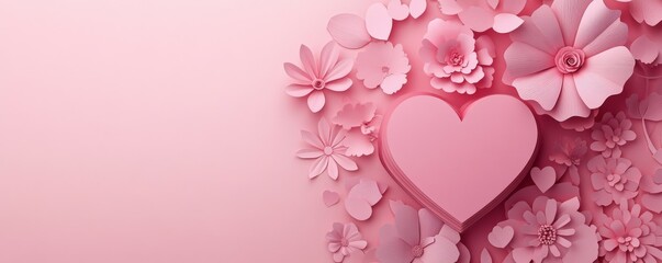 Beautiful Valentine's Day Background with Pink Love Heart. Paper Cut Flowers Design with copy-space.