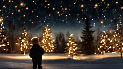 A boy gazes in wonder at a radiant golden light that brightens a snowy night, creating a magical atmosphere around him