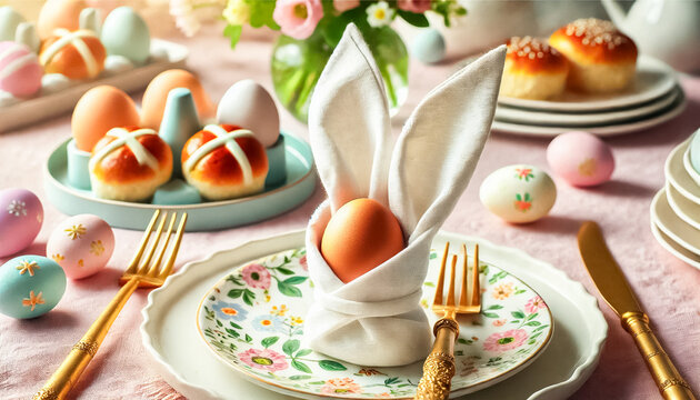 Elegant Easter Brunch with Bunny Napkin and Floral Plate