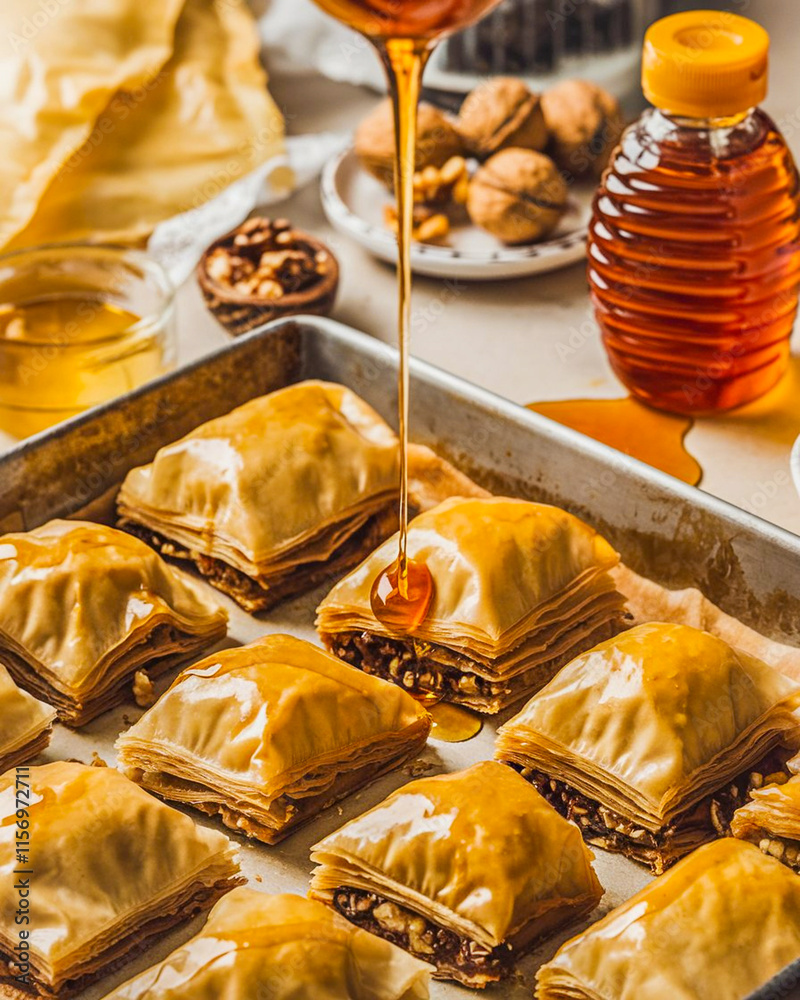 Poster a tray with ready-made baklava sprinkled with cinnamon and sugar. a bowl of honey syrup stands next 