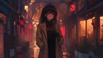 Anime detective in a rainy, mysterious alleyway with suspenseful atmosphere