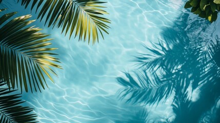 Top view of clear blue water with ripples and palm leaf shadows. A relaxing summer Zen background. 