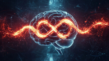 A stylized human brain is depicted with a fiery infinity symbol surging through it, representing boundless mental energy, potential, and consciousness.