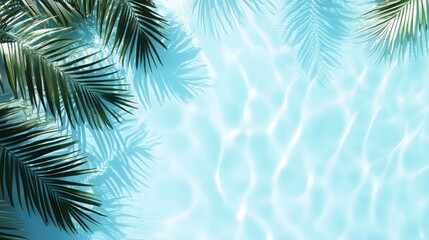 Top view of clear blue water with ripples and palm leaf shadows. A relaxing summer Zen background. 