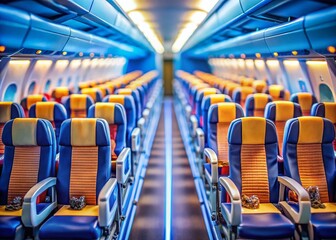 Fototapeta premium Miniature Airplane Cabin: Rows of Seats, Tilt-Shift Photography