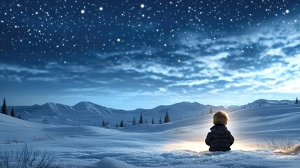 In a tranquil winter landscape, a little boy kneels in the snow, praying with a calm expression as a golden ray of light shines above him