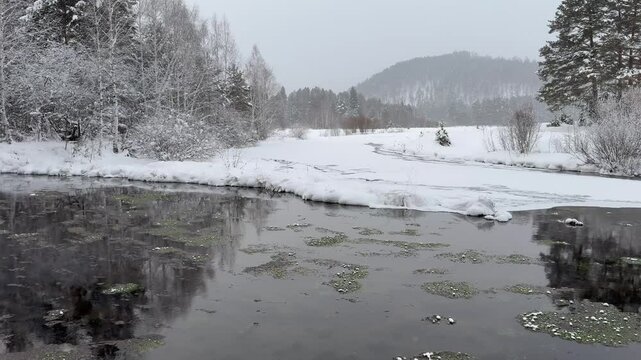 Video of a winter landscape with the non-freezing Oda River into which natural springs and sources flow.  Snow-covered riverbank and fields and forest in the distance. Winter travel and outdoors