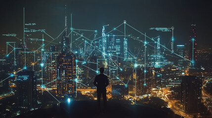 Smart digital Innovation city with connection network reciprocity over the cityscape. of future smart wireless digital city and social media networking systems that connects people with in city