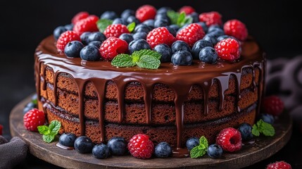 Delicious chocolate cake with fresh raspberries and blueberries, drizzled with chocolate ganache.