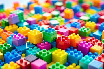 Fototapeta premium Miniature Colorful Toy Blocks Arranged on White Background - Tilt-Shift Photography