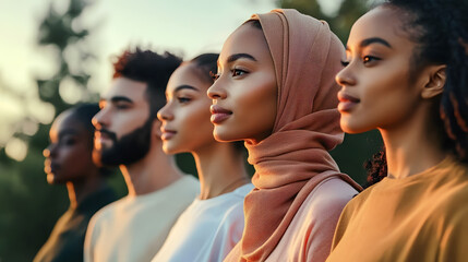 Obraz premium Diverse group of individuals standing together outdoors during sunset, showcasing unity and cultural representation.