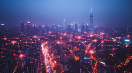 Fototapeta premium Smart digital Innovation city with connection network reciprocity over the cityscape. of future smart wireless digital city and social media networking systems that connects people with in city