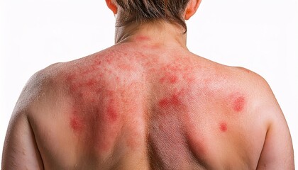 Naklejka premium close-up of mild heat rash on the back with red spots and irritation on sweaty skin for dermatology and medical presentations 