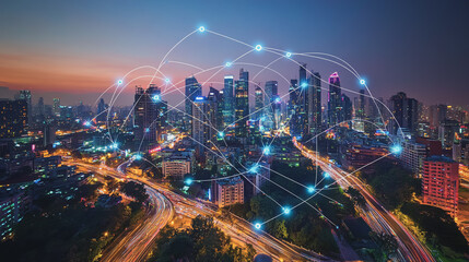 Obraz premium Smart digital Innovation city with connection network reciprocity over the cityscape. of future smart wireless digital city and social media networking systems that connects people with in city
