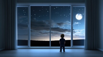 Fototapeta premium A little boy stands on tiptoe by a worn window, peering into the dark sky devoid of stars, illuminated by a nearby lamp
