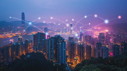 Naklejka premium Smart digital Innovation city with connection network reciprocity over the cityscape. of future smart wireless digital city and social media networking systems that connects people with in city