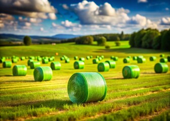 Miniature Green Wrapped Hay Bales, Rural Idyll, Tilt-Shift Photography
