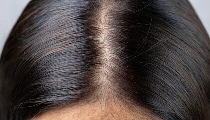 close-up of a scalp showing early signs of dandruff with parted shiny black hair and visible flaky skin for haircare and dermatological concepts
