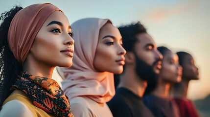 Obraz premium Diverse group of individuals standing together outdoors during sunset, showcasing unity and cultural representation.