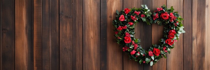 Heart Shaped Floral Wreath on Wood - Romantic, rustic, love, nature, celebration.  A heart-shaped wreath of red roses and greenery hangs on a dark wood background.