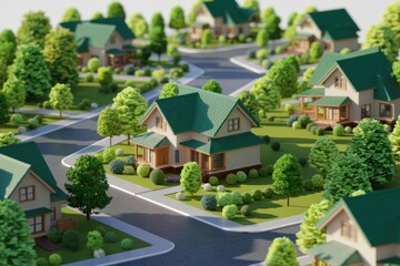 A charming suburban neighborhood with neatly landscaped houses and lush green trees, showcasing idyllic family living.