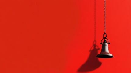 Obraz premium Red Background Bell Silhouette - A lone bell hangs against a vibrant red backdrop, symbolizing silence, announcement, time, tradition, and a call to action.