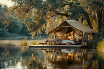 Fototapeta premium safari tent by the lake, tent by the water, hiking and travel