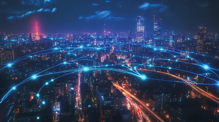 Fototapeta premium Smart digital Innovation city with connection network reciprocity over the cityscape. of future smart wireless digital city and social media networking systems that connects people with in city