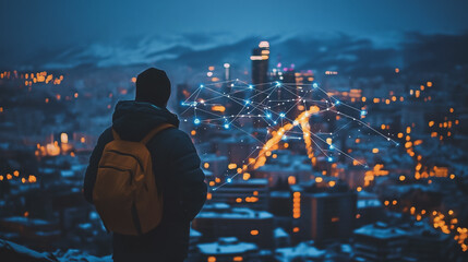 Fototapeta premium Abstract business man stands on the peak of success amid tall, innovative Smart city and graphs with statistics to analyze business potential and predict future developments in company growth.