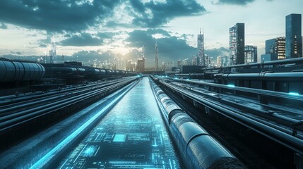 Fototapeta premium modern cityscape with advanced water infrastructure, featuring sleek water pipelines, reservoirs, and fountains. Digital overlays of data, glowing blue streams, and sustainable urban design, 16:9