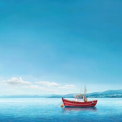 Naklejka premium A fishing boat floating on a calm sea under a clear blue sky