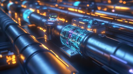 A close-up of digital water meters and sensors integrated into pipelines, with glowing holographic data visualizations floating above