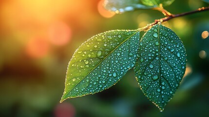 Dew-Kissed Leaves at Sunrise: A Symphony of Green and Gold