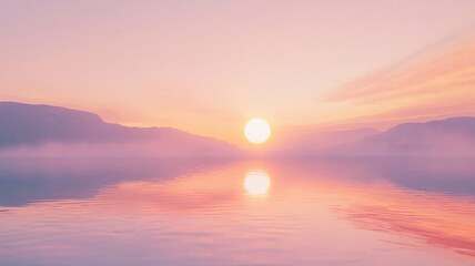 Fototapeta premium Sunset over foggy lake, soft orange and pink reflections. Tranquil, serene, peaceful, nature's beauty.