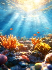 Fototapeta premium Sunlit Ocean Coral Reef Depths - Vibrant coral, sunlit ocean, diverse marine life, tranquil underwater scene, moody depths. Symbolizing serenity, beauty, life, mystery, and wonder.