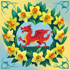 Obraz premium Red dragon with daffodils and Celtic design