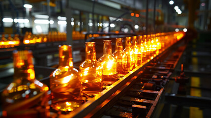 A row of amber glass bottles on an assembly line in a brewery, showcasing the manufacturing and production process