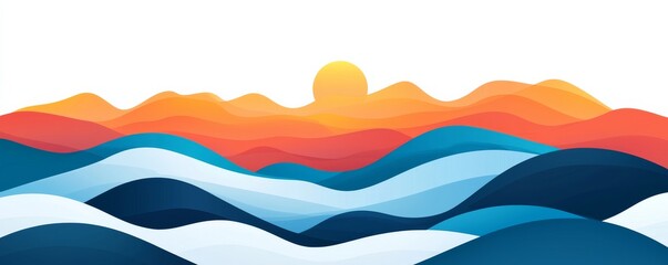 A vibrant, abstract landscape featuring rolling hills in blue tones and a warm sunset backdrop, blending colors in a harmonious design.