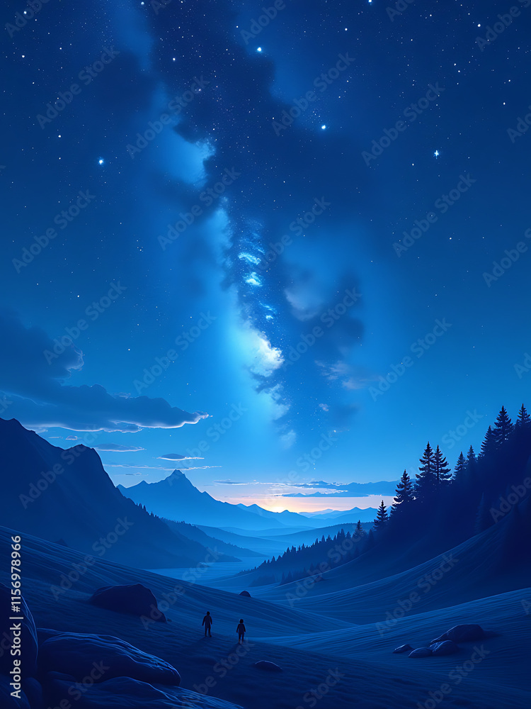 Poster the night sky painting features a serene blue starry landscape created using advanced generative ai 