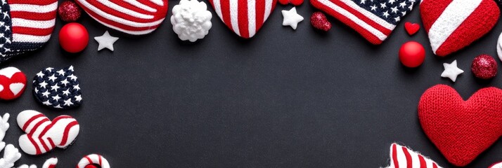 Obraz premium USA Patriotic Winter Hearts Banner - Festive winter scene with USA flag hearts, stars, and red ornaments. Patriotic, celebratory, wintery, love, and American themes combine for a visually appealing d