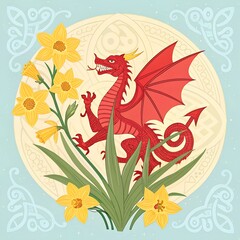 Red dragon with daffodils and Celtic design