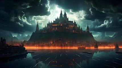 Naklejka premium Futuristic fortress of glowing circuitry against stormy skies - Generative AI.