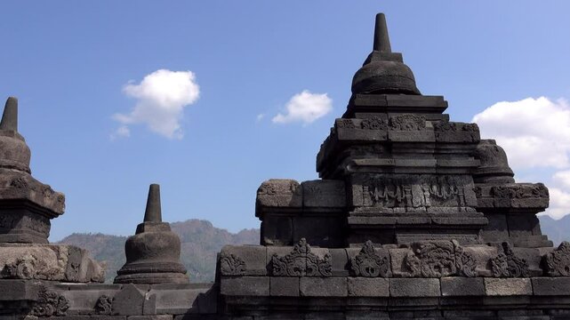 Stupas made of stone on the ancient temple of Borobudur.