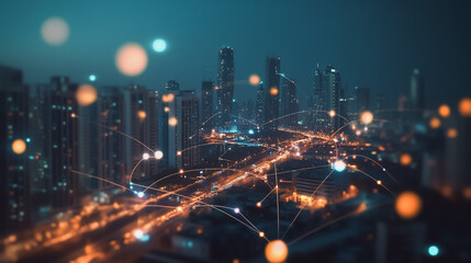 Smart digital Innovation city with connection network reciprocity over the cityscape. of future smart wireless digital city and social media networking systems that connects people with in city