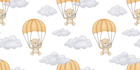Seamless watercolor pattern with cute bear with parachute in neutral colors, hand drawn baby illustration on white repeat background © Elena