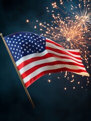 American Flag Fireworks Celebration - Patriotism, freedom, celebration, independence, fireworks. A majestic American flag waves proudly against a vibrant fireworks display.